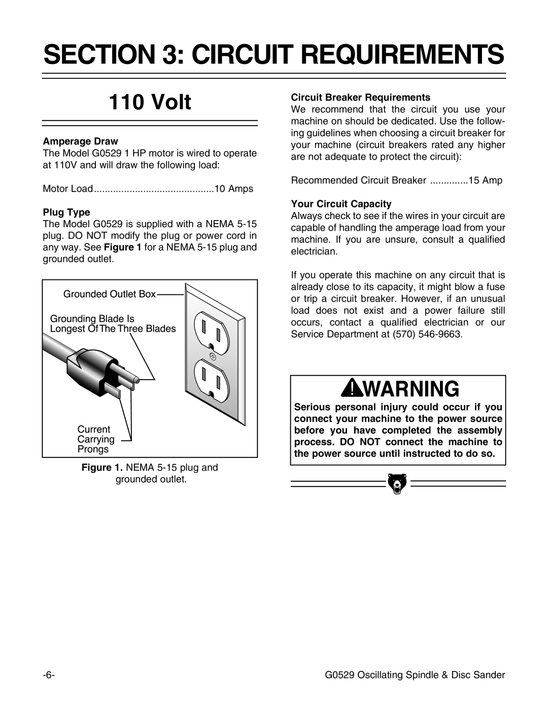 Grizzly G0529 instruction manual Circuit Requirements, Volt 