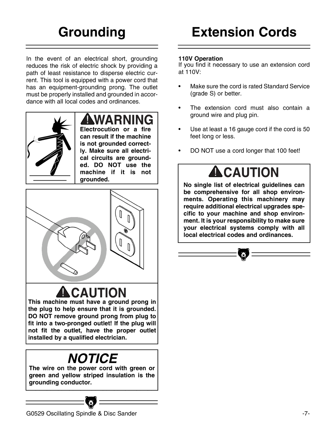 Grizzly G0529 instruction manual Grounding, Extension Cords, 110V Operation 