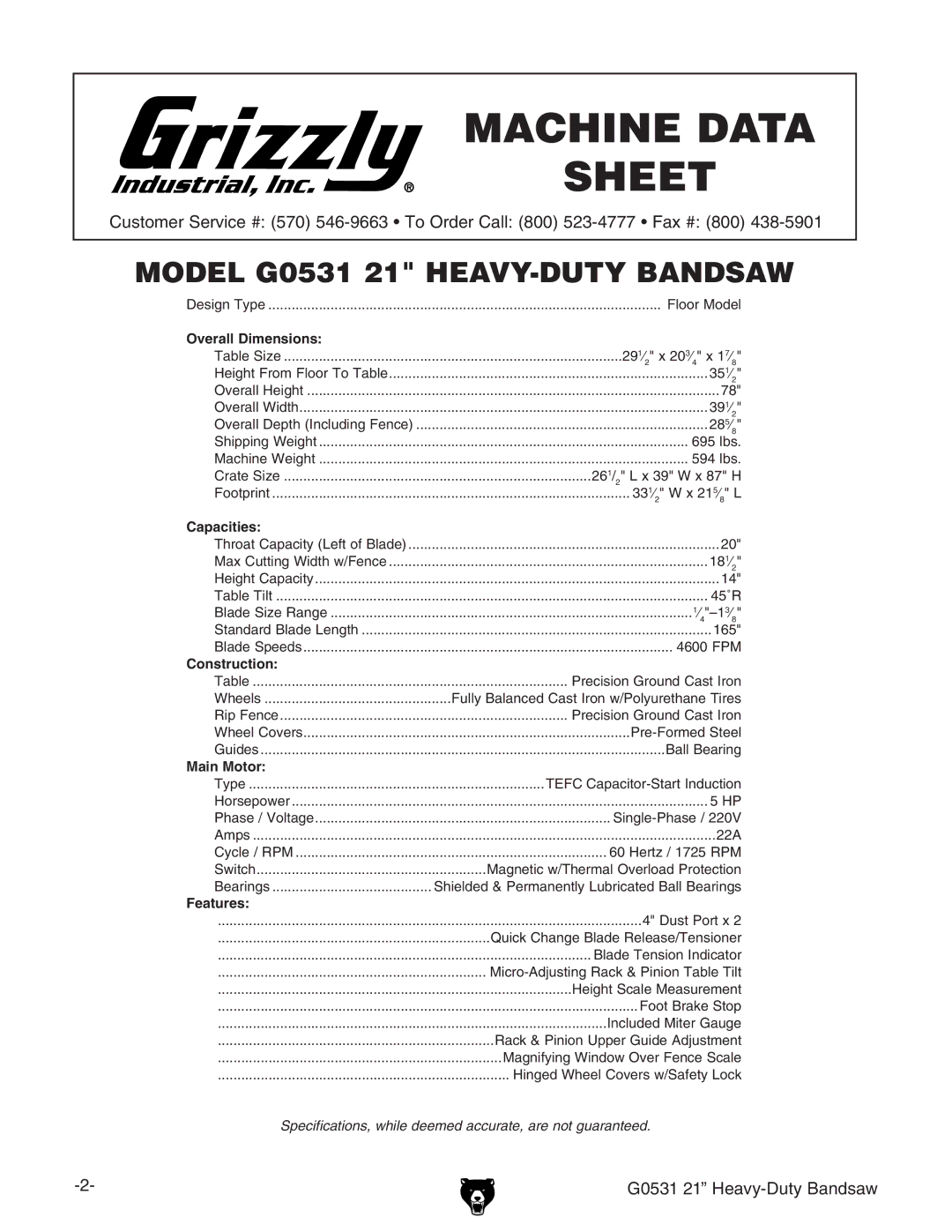 Grizzly G0531 manual Machine Data Sheet, &¹=ZVkn9jin7VcYhVl 