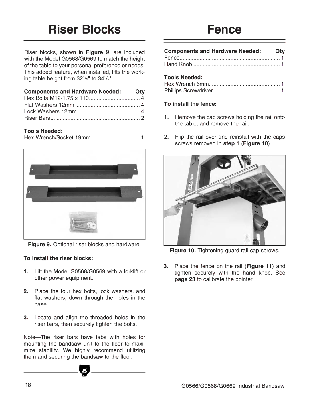 Grizzly G0531 manual 2ISER Locks Ence, #OMPONENTS and ARDWARER.EEDED 1TY, 4OOLSO.EEDED, 4O INSTALLTTHEHRISERSBLOCKS 