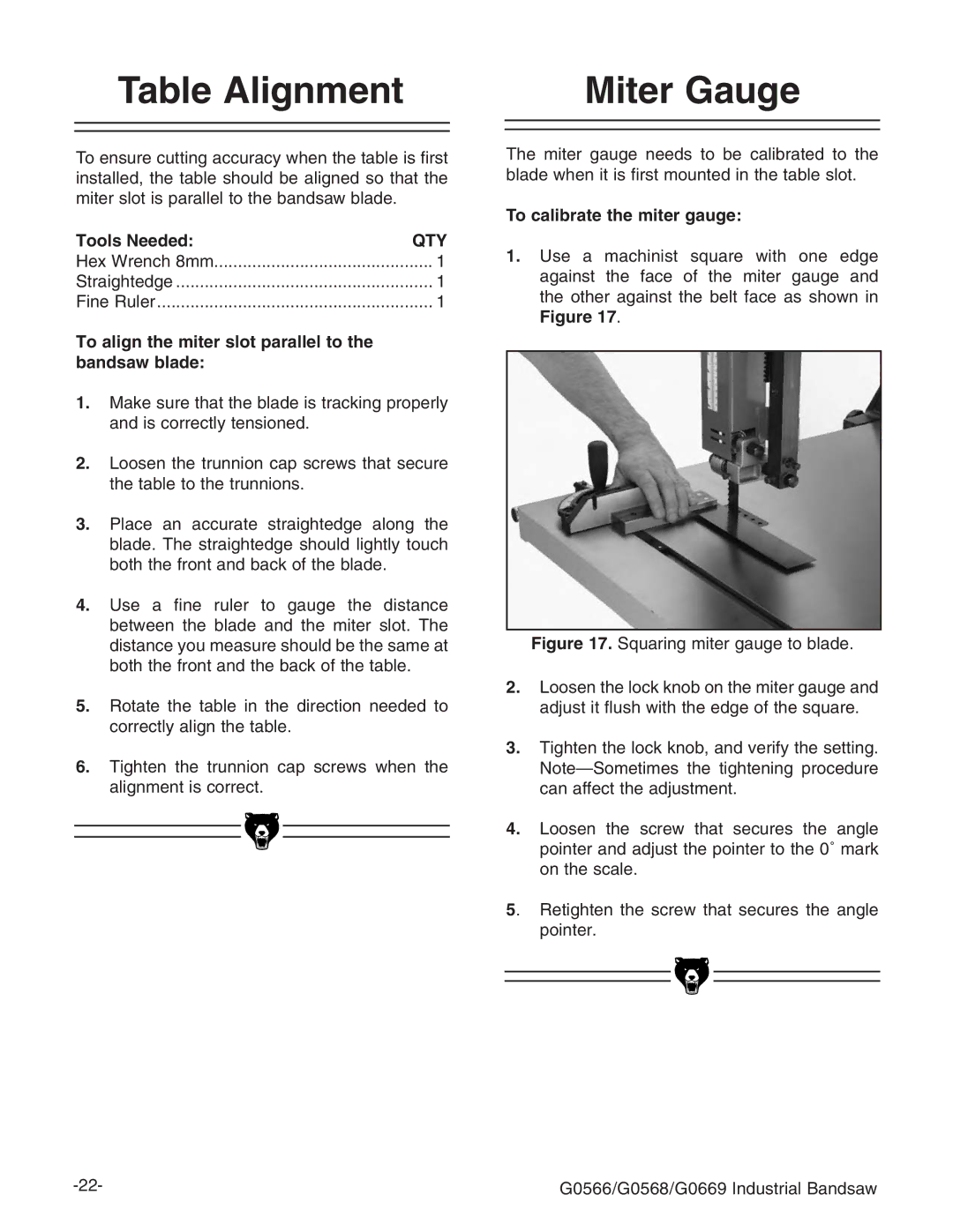 Grizzly G0531 manual 4ABLE !LIGNMENT, Itereauge, 4O Calibrate the Miter GAUGE 