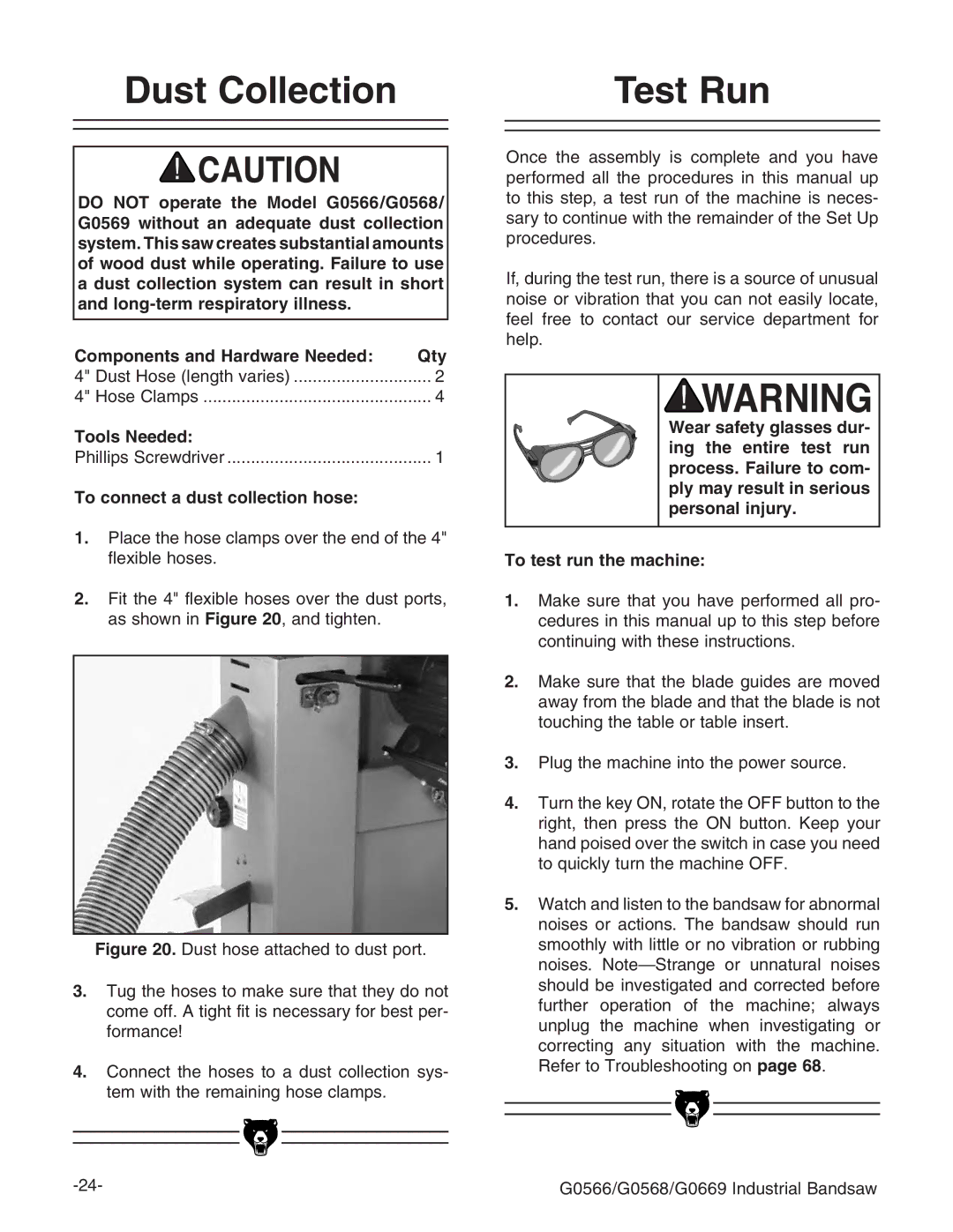 Grizzly G0531 manual $Ust #Ollection, 4EST 2UN, 4O Connectnaadust Collection HOSE, 4O Test RUNUTHEHMACHINE 