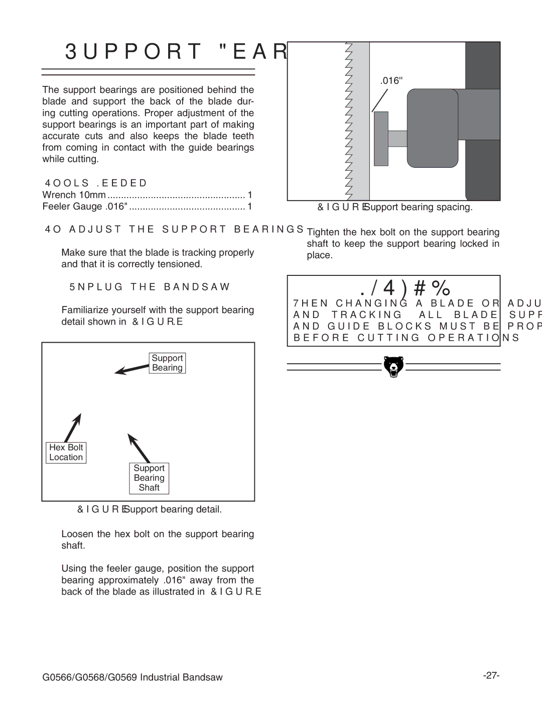 Grizzly G0531 manual 3UPPORTTEARINGS, 4O Adjust THEHSUPPORTPBEARINGS, #%&+ Igure HjeedgiWZVgc\heVXc\# 