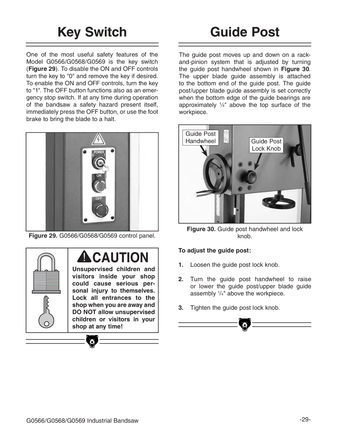 Grizzly G0531 manual +EY 3WITCH Uide 0OST, 4O Adjust the Guide POST 