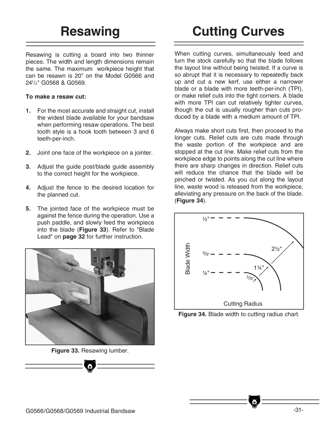 Grizzly G0531 manual 2ESAWING, #Utting #Urves, 4O Make AARESAWSCUT, Igure GZhVlc\ajbWZg#,      