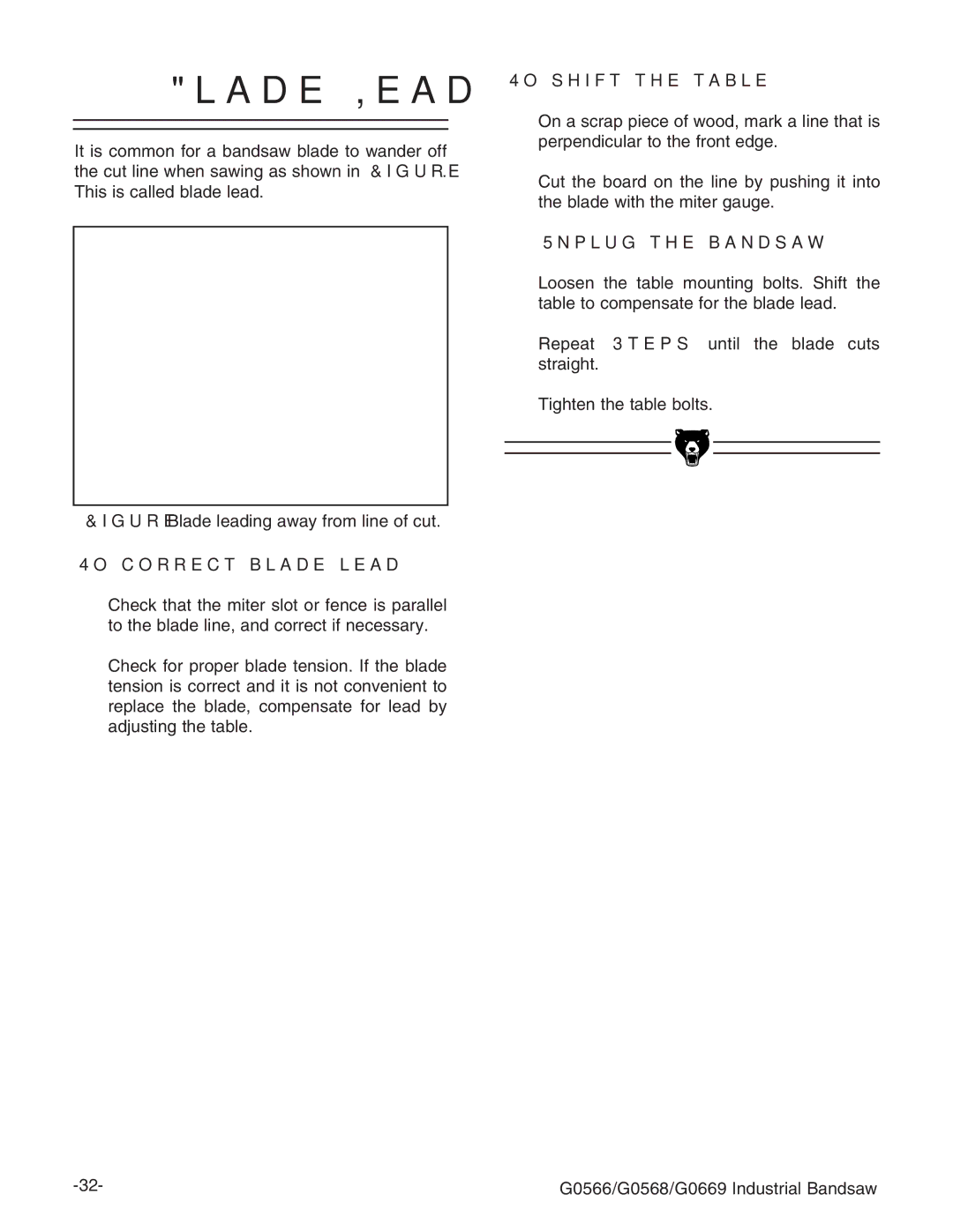 Grizzly G0531 manual Ladee,Ead, 4O CORRECTRBLADEALEAD, 4O SHIFTITHEHTABLE,  5NPLUG THEHBANDSAW 