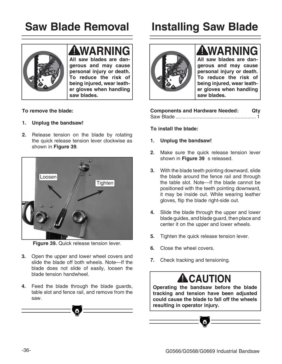 Grizzly G0531 manual 4O Remove THEHBLADE  5NPLUG THEHBANDSAW, AddhZc \iZc Igure FjX`gZaZVhZiZchdcaZkZg# 