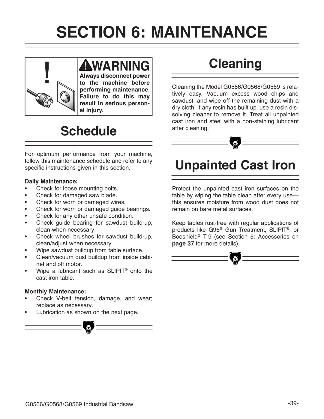 Grizzly G0531 manual 3CHEDULE, #Leaning, 5NPAINTED #AST RON, $Ailyi-Aintenance, Onthlyt-Aintenance 