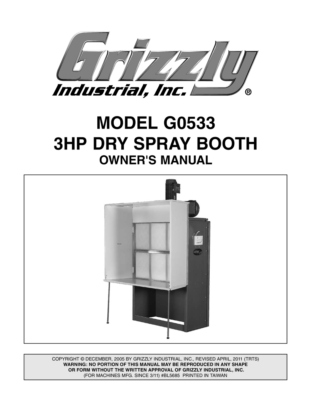 Grizzly owner manual Model G0533 3HP DRY Spray Booth 