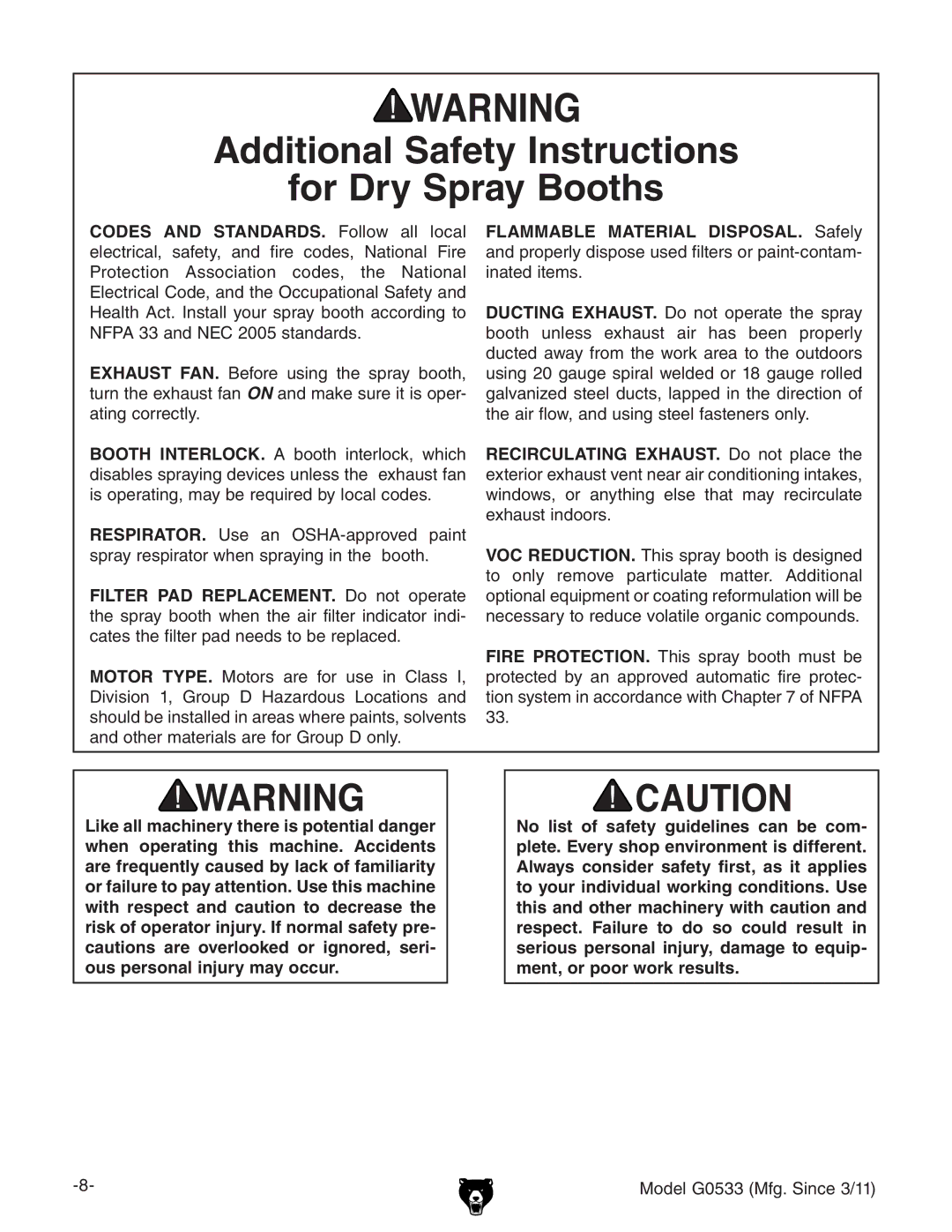 Grizzly G0533 owner manual Additional Safety Instructions For Dry Spray Booths 