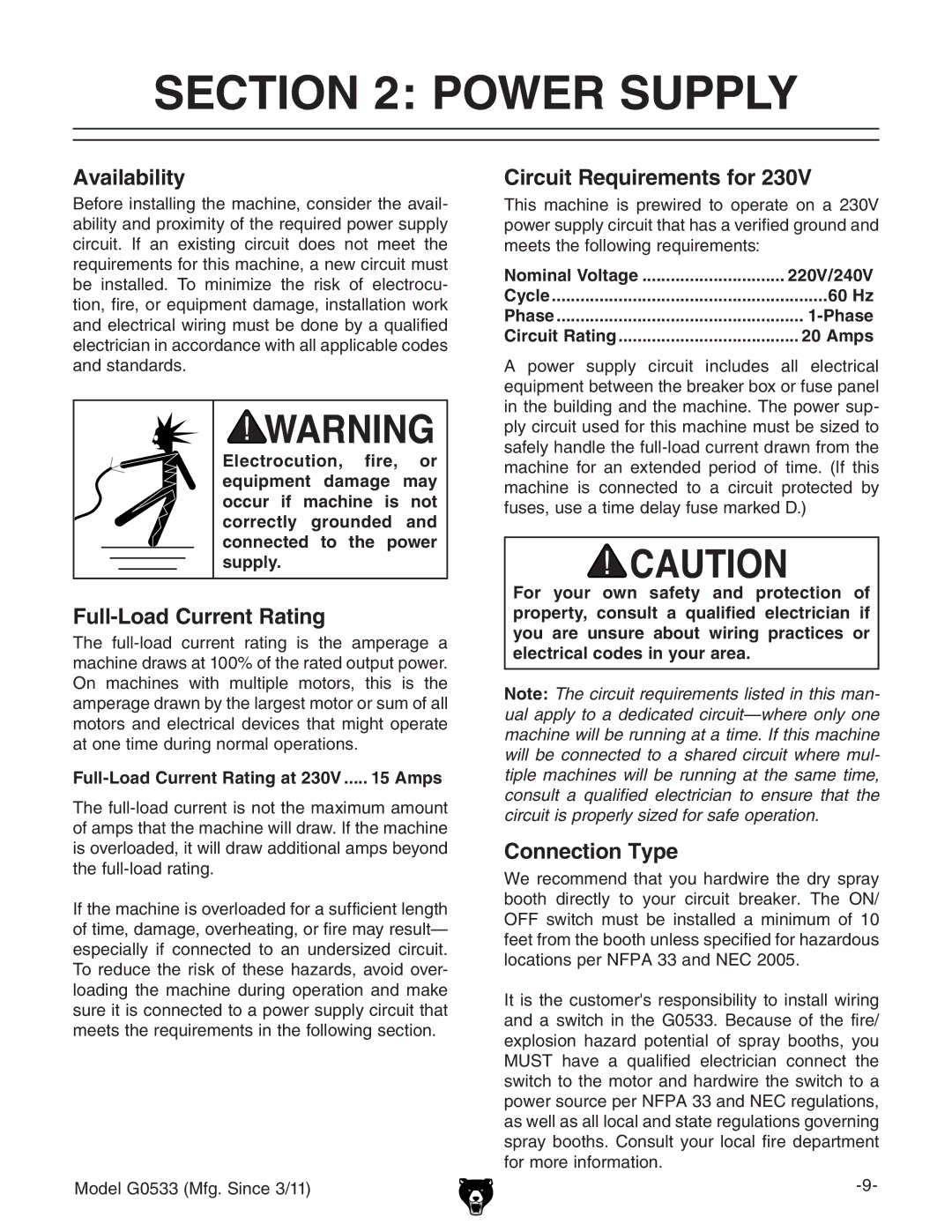 Grizzly G0533 owner manual Power Supply 