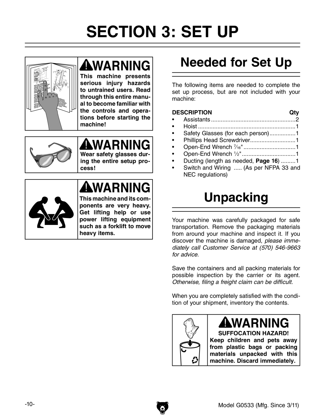 Grizzly G0533 owner manual Needed for Set Up, Unpacking, Qty 