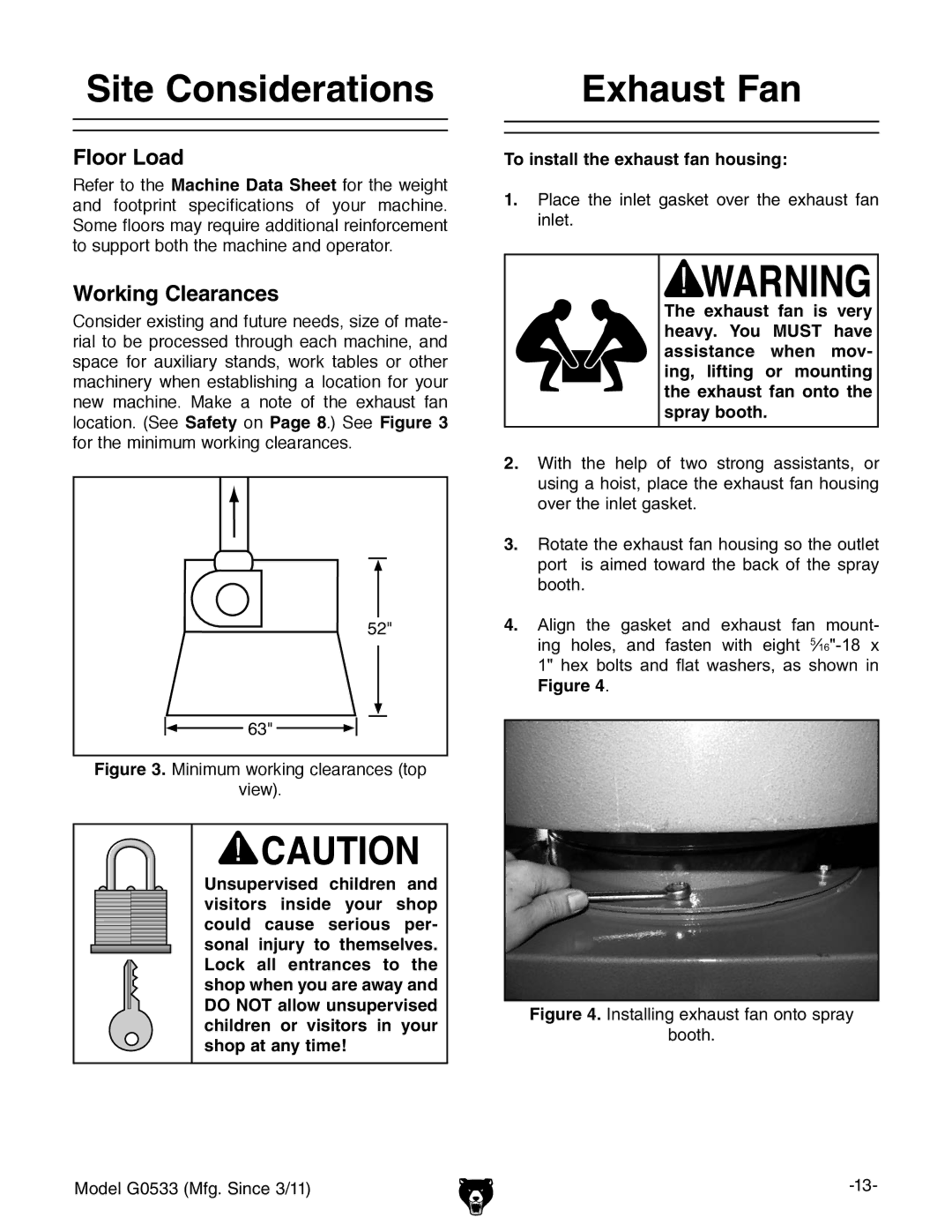 Grizzly G0533 owner manual Site Considerations, Exhaust Fan, To install the exhaust fan housing 