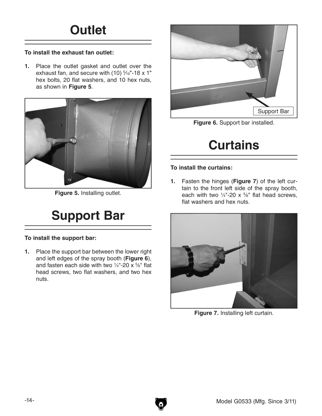 Grizzly G0533 Outlet, Curtains, To install the exhaust fan outlet, To install the support bar, To install the curtains 