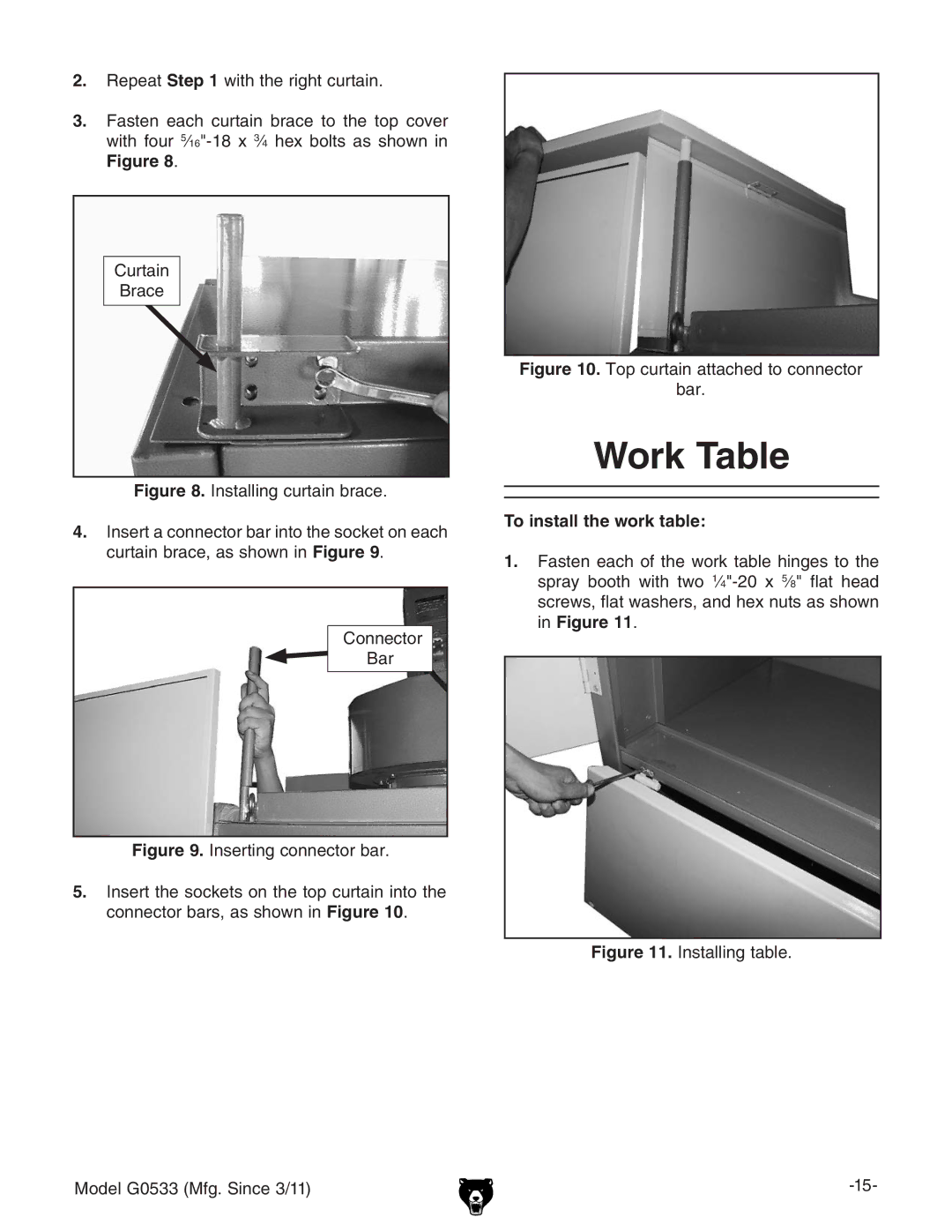 Grizzly G0533 owner manual Work Table, To install the work table 