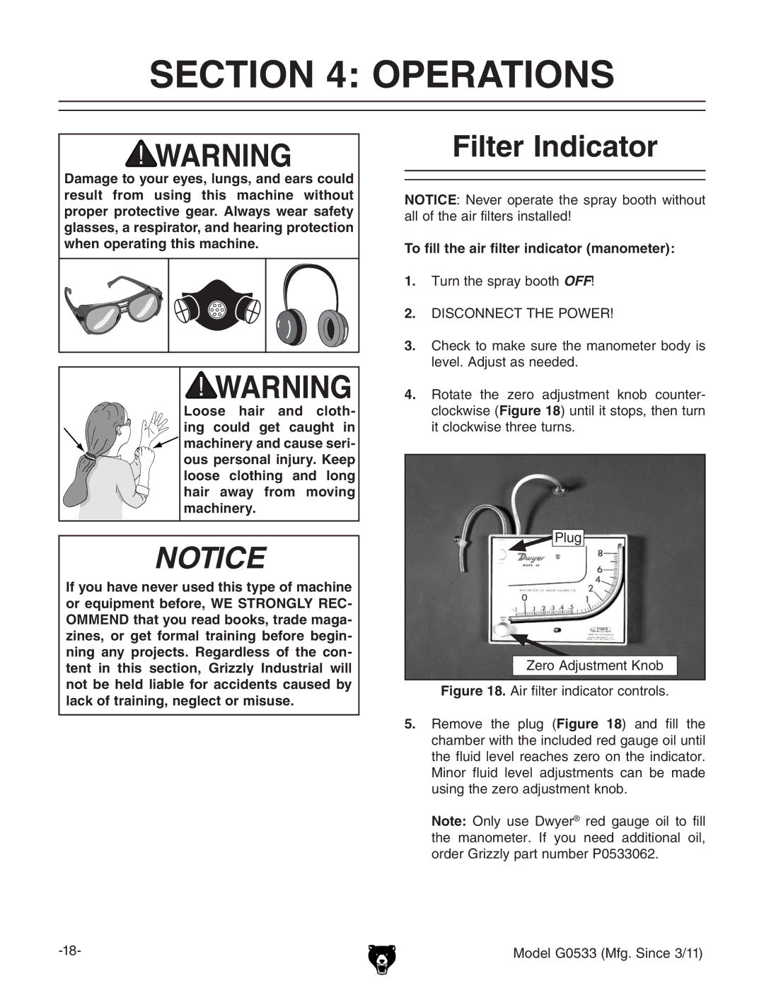 Grizzly G0533 owner manual Operations, Filter Indicator, To fill the air filter indicator manometer 