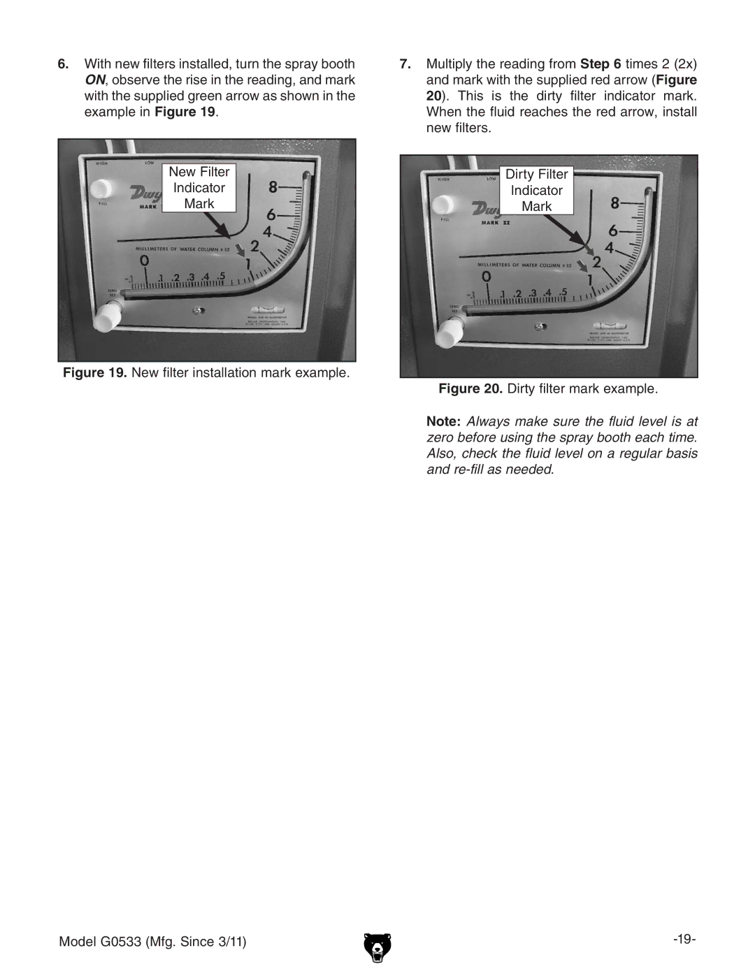 Grizzly G0533 owner manual Dirty filter mark example 