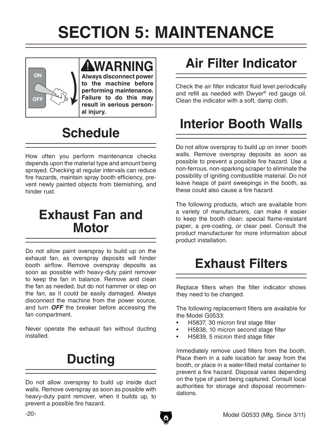 Grizzly G0533 owner manual Maintenance, Schedule, Exhaust Fan Motor, Interior Booth Walls, Exhaust Filters 