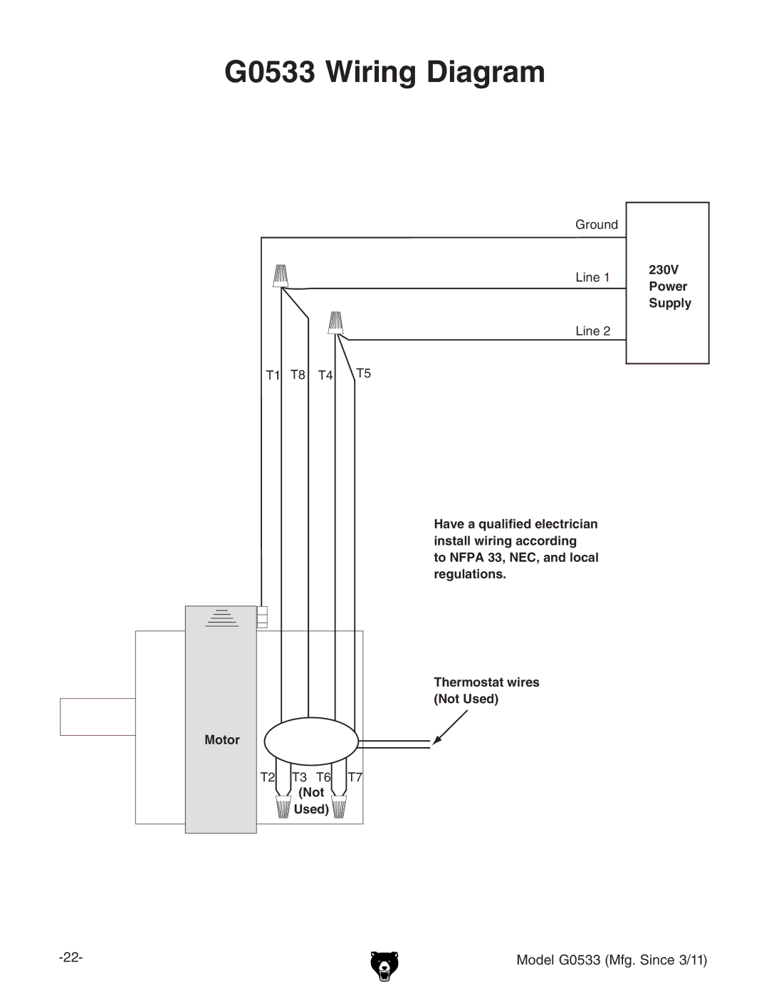 Grizzly owner manual G0533 Wiring Diagram, 230V Power Supply 