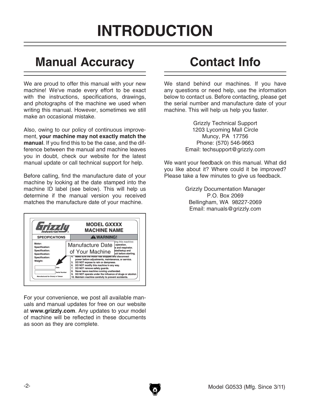 Grizzly G0533 owner manual Introduction, Manual Accuracy Contact Info 