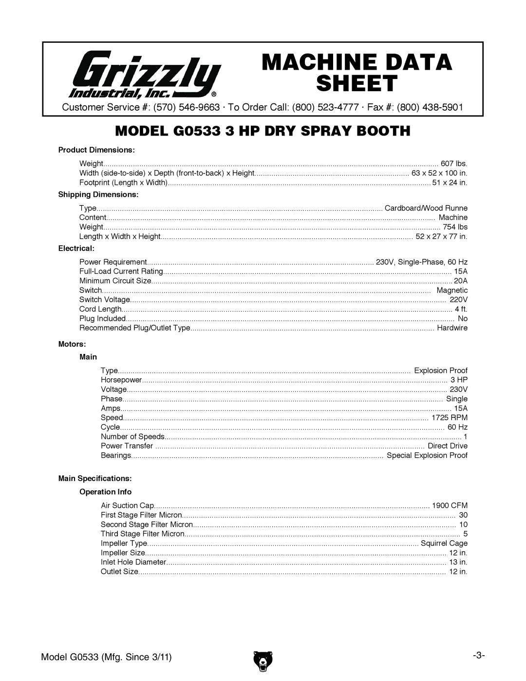 Grizzly G0533 owner manual Machine Data Sheet 