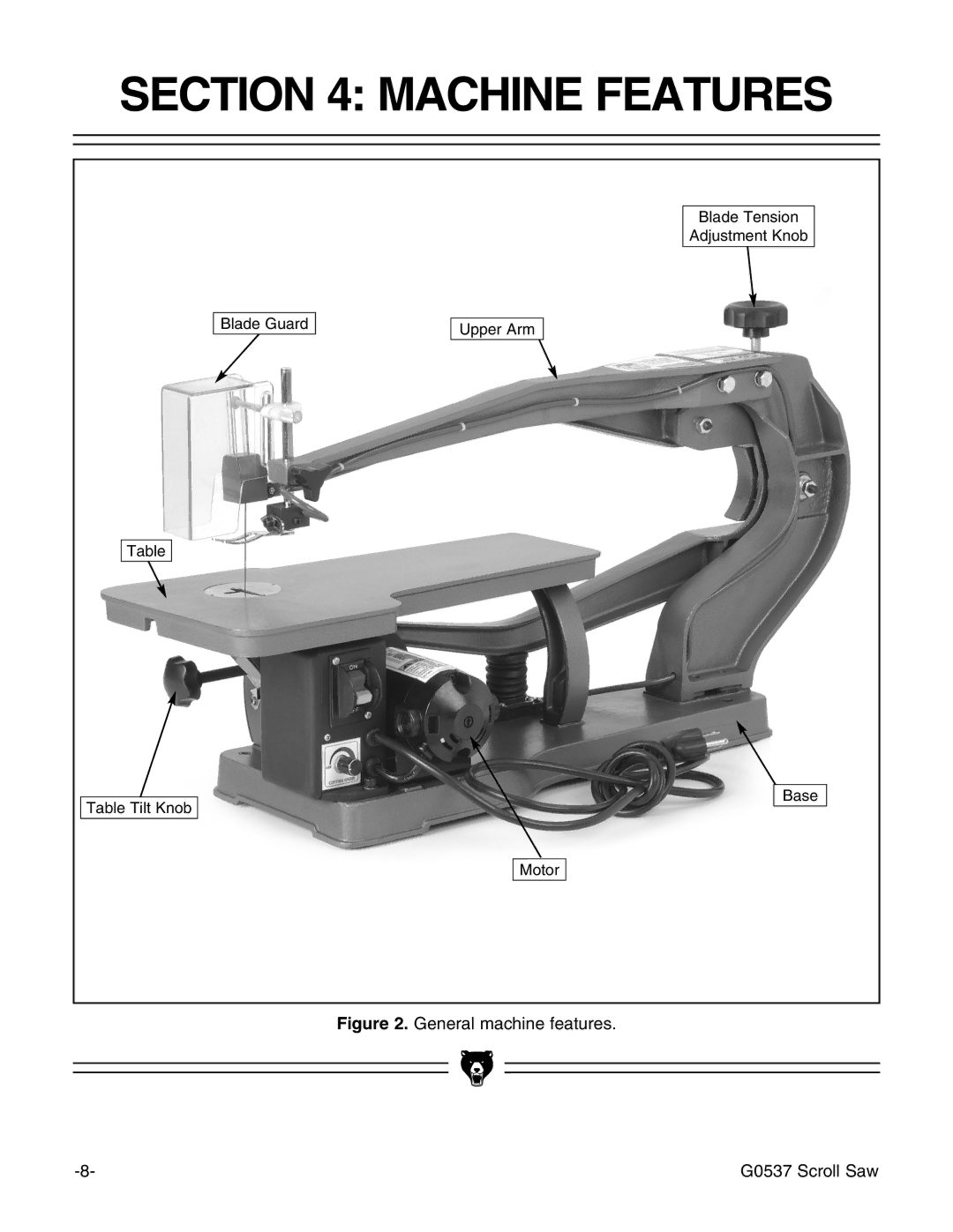 Grizzly instruction manual Machine Features, General machine features G0537 Scroll Saw 