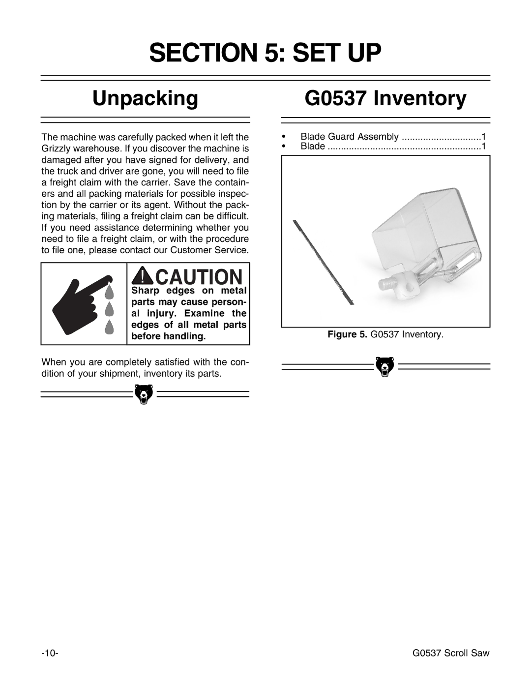 Grizzly instruction manual Set Up, Unpacking, G0537 Inventory 