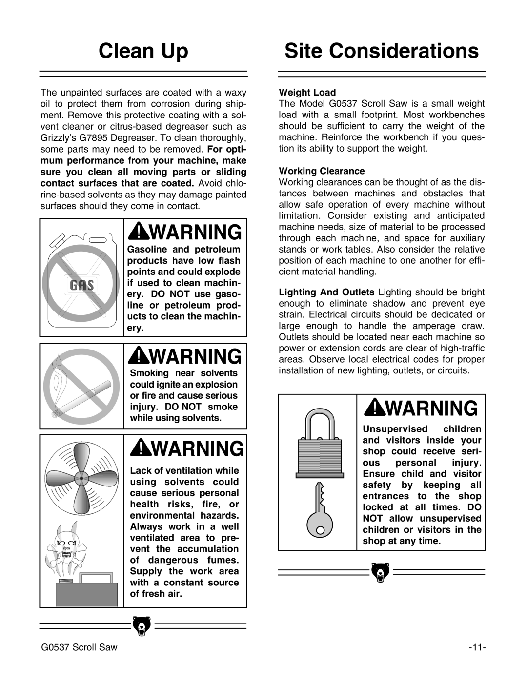 Grizzly G0537 instruction manual Clean Up, Site Considerations, Weight Load, Working Clearance 