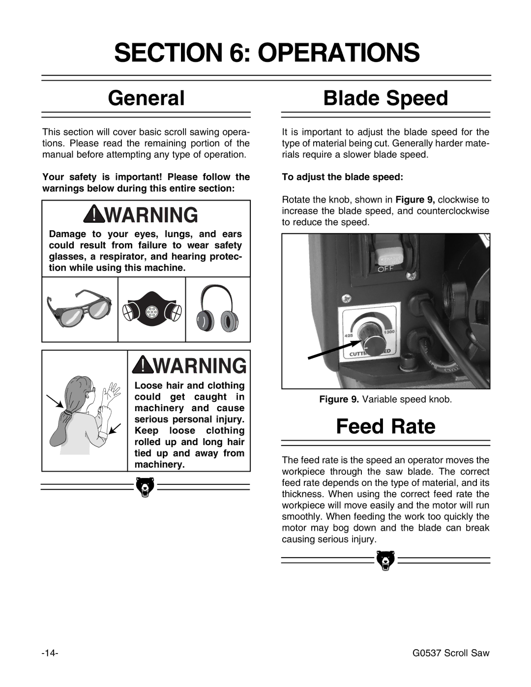 Grizzly G0537 instruction manual Operations, General, Blade Speed, Feed Rate, To adjust the blade speed 