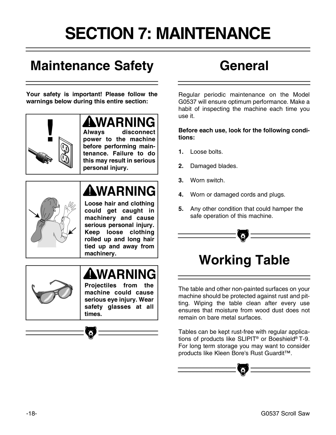 Grizzly G0537 Maintenance Safety, Working Table, Personal injury, Before each use, look for the following condi- tions 