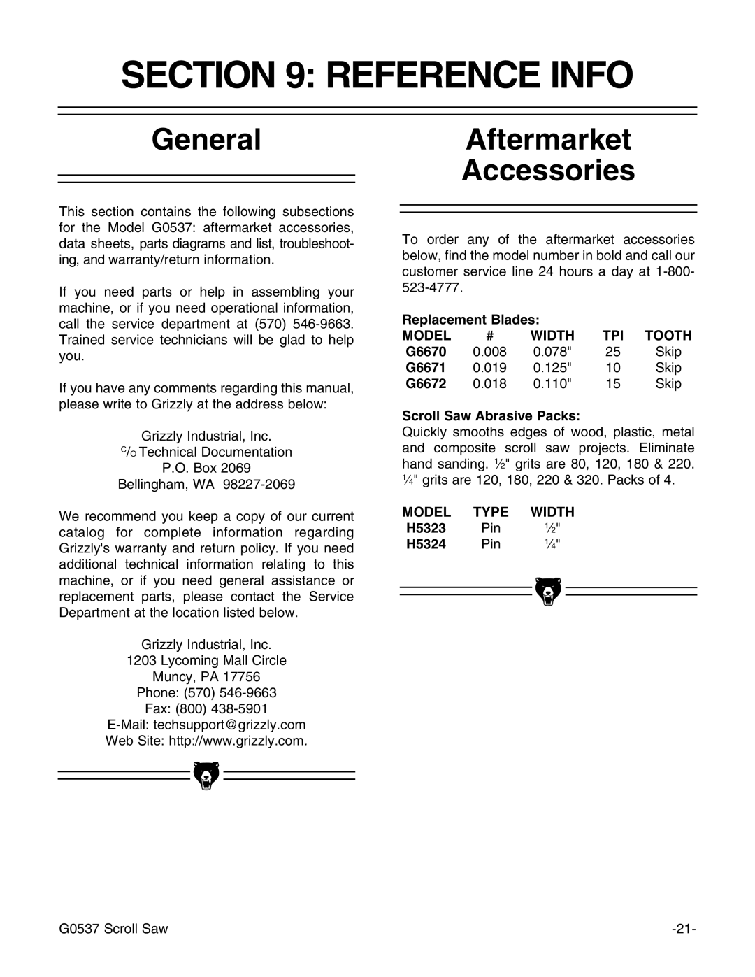 Grizzly G0537 instruction manual Reference Info, Aftermarket Accessories 