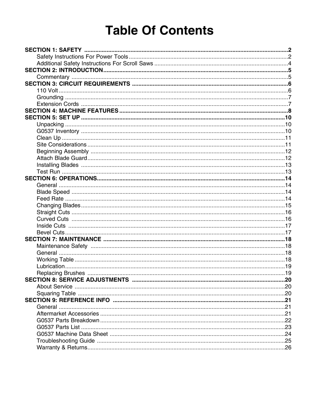 Grizzly G0537 instruction manual Table Of Contents 