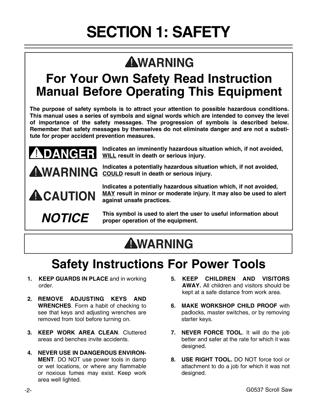 Grizzly G0537 instruction manual Safety Instructions For Power Tools 