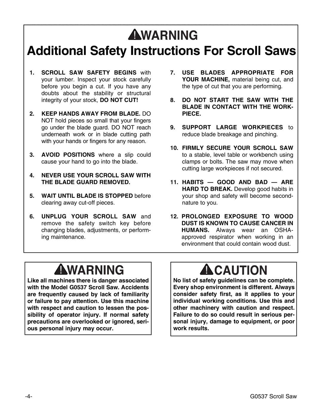 Grizzly G0537 Additional Safety Instructions For Scroll Saws, Never USE Your Scroll SAW with the Blade Guard Removed 