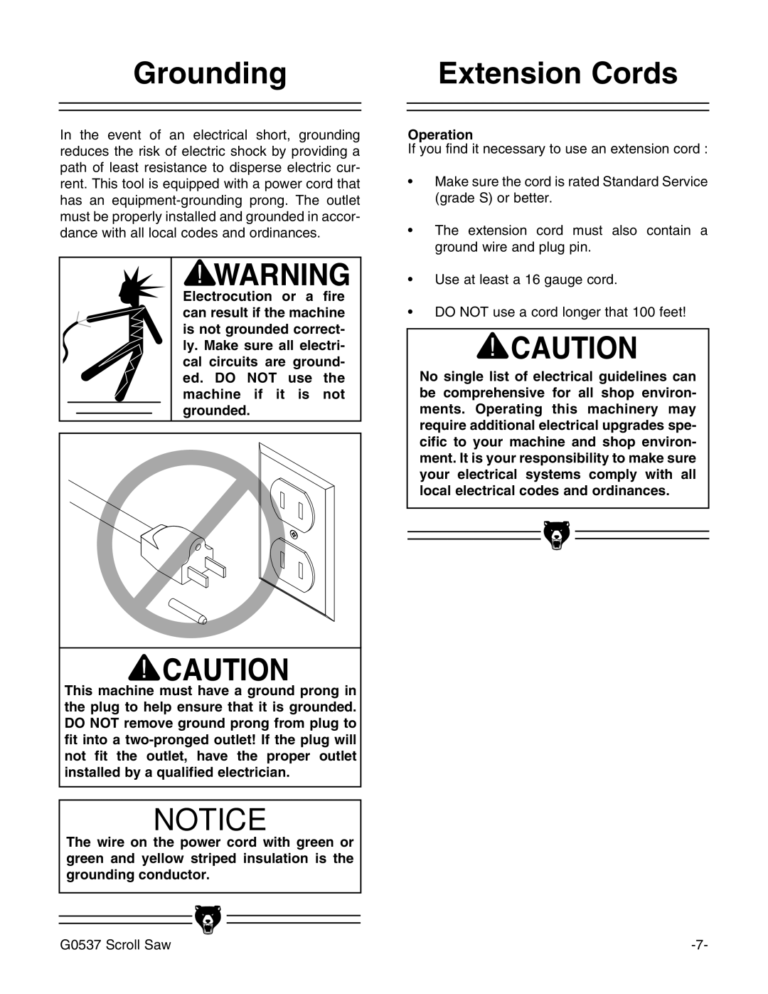 Grizzly G0537 instruction manual Grounding, Extension Cords, Operation 