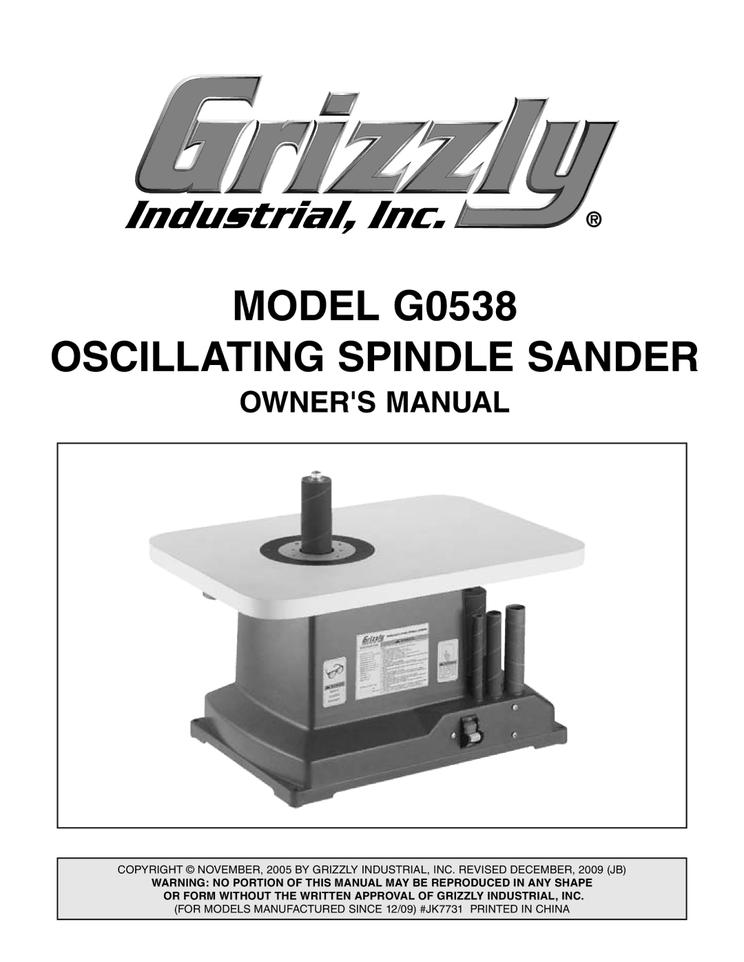 Grizzly owner manual Model G0538 Oscillating Spindle Sander 