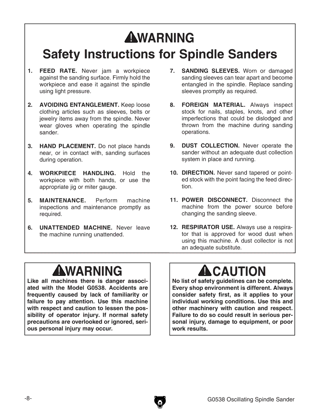 Grizzly G0538 owner manual Safety Instructions for Spindle Sanders 