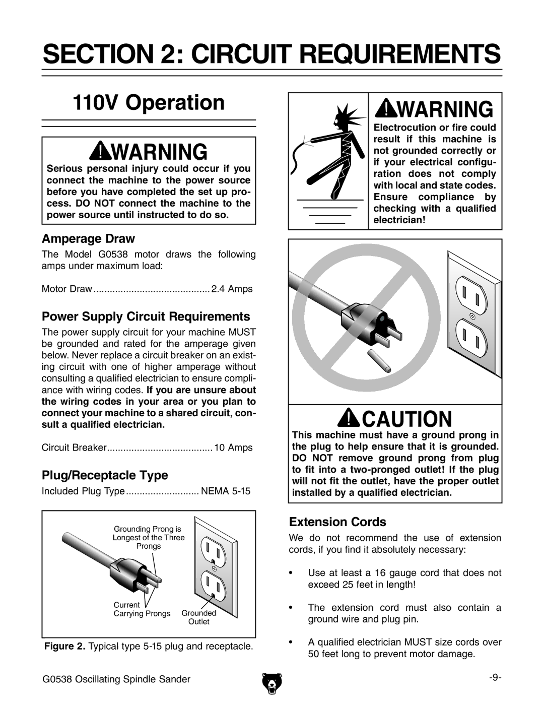 Grizzly G0538 owner manual Circuit Requirements, 110V Operation 