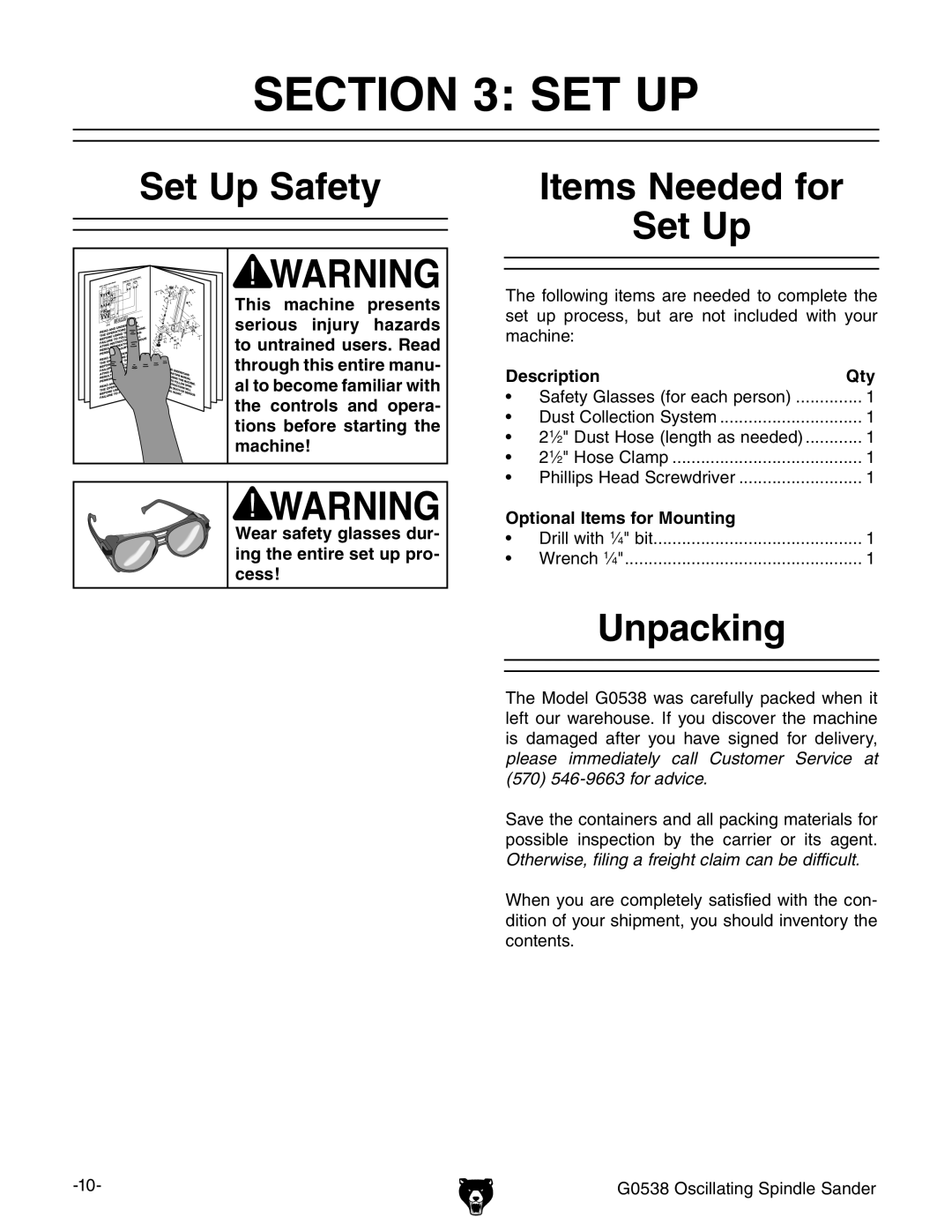 Grizzly G0538 owner manual Set Up Safety, Items Needed for Set Up, Unpacking 