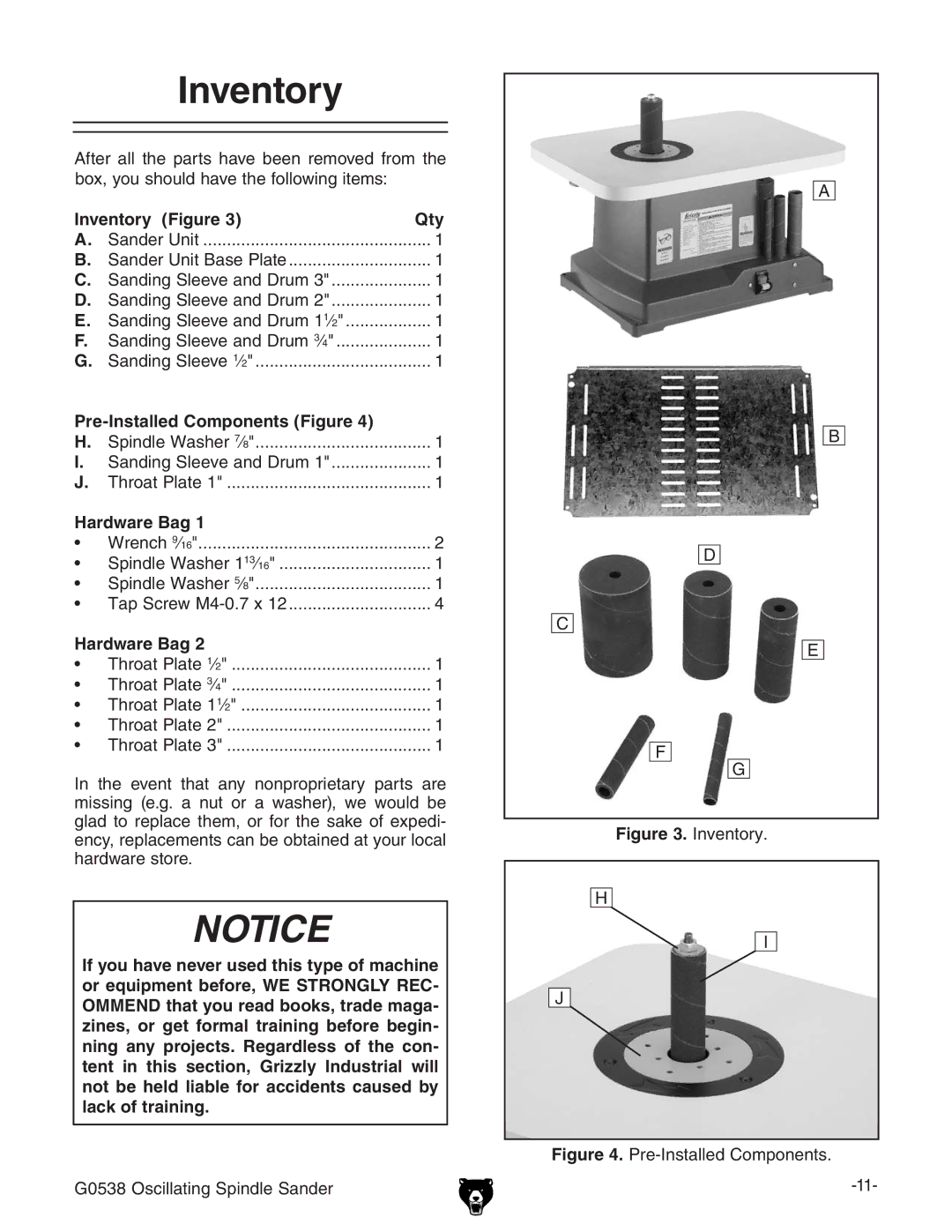 Grizzly G0538 owner manual Inventory Figure Qty, Pre-Installed Components Figure, Hardware Bag 