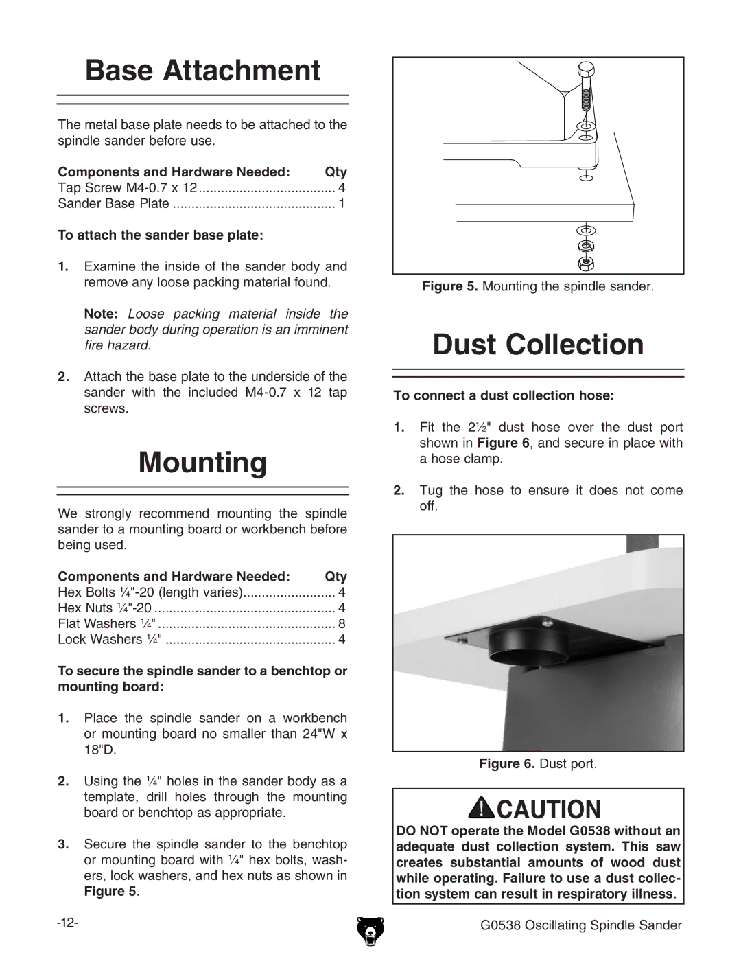 Grizzly G0538 owner manual Base Attachment, Mounting, Dust Collection 