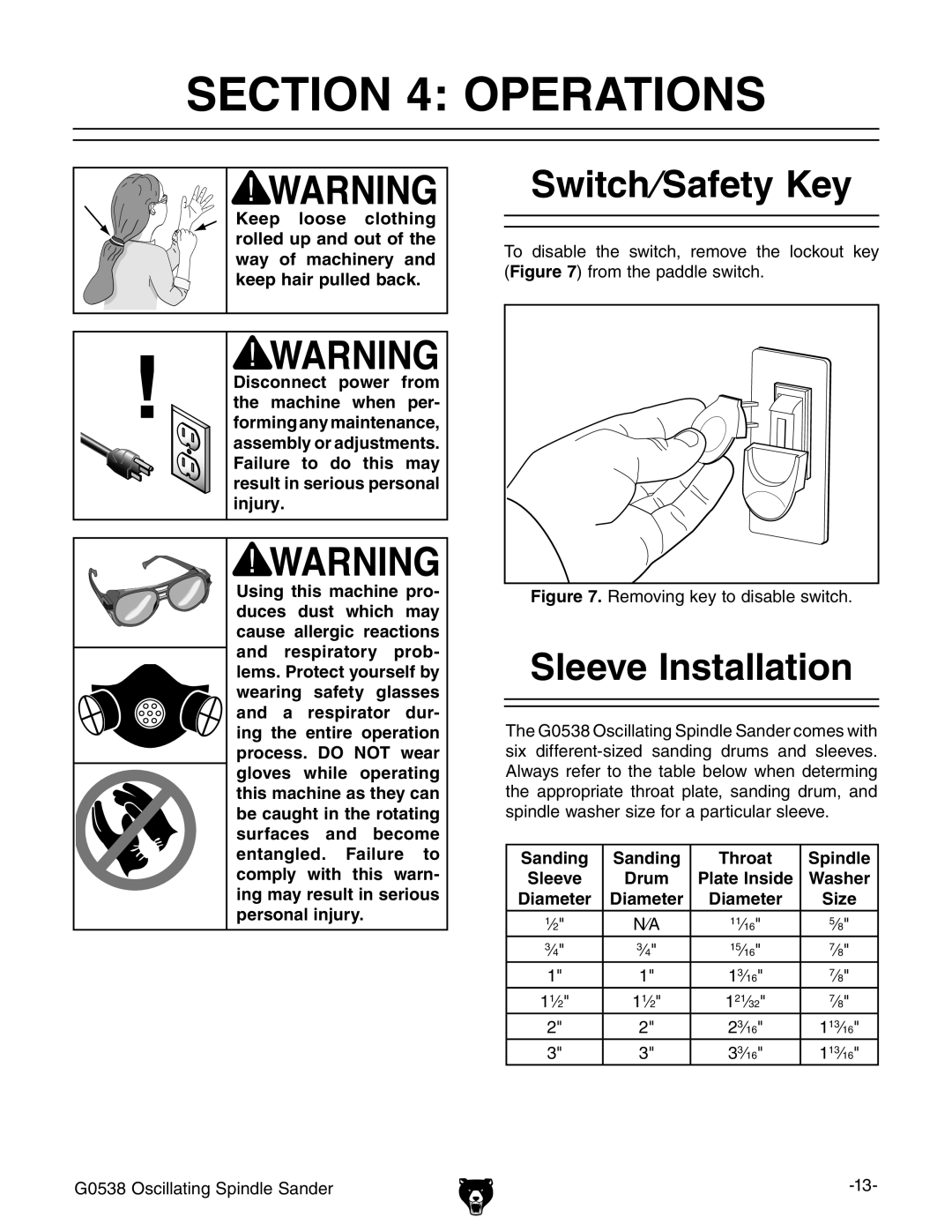 Grizzly G0538 owner manual Operations, Switch⁄Safety Key, Sleeve Installation 