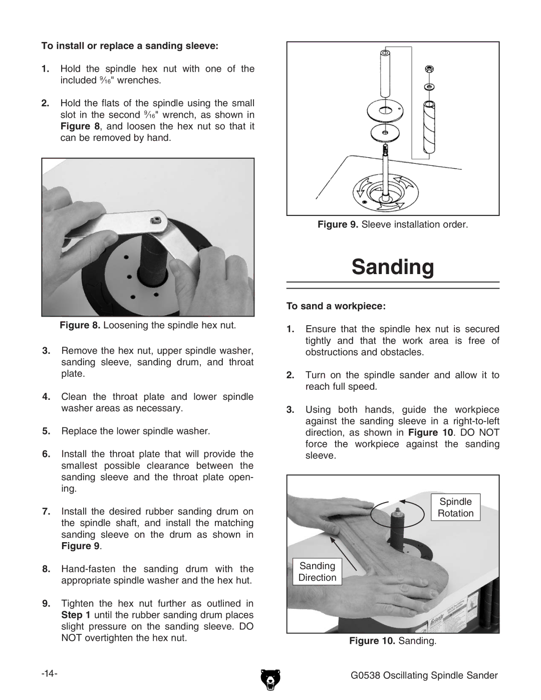 Grizzly G0538 owner manual Sanding, To install or replace a sanding sleeve, To sand a workpiece 