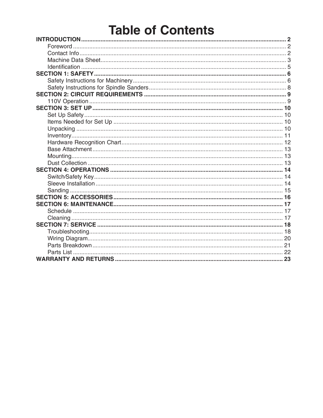 Grizzly G0538 owner manual Table of Contents 