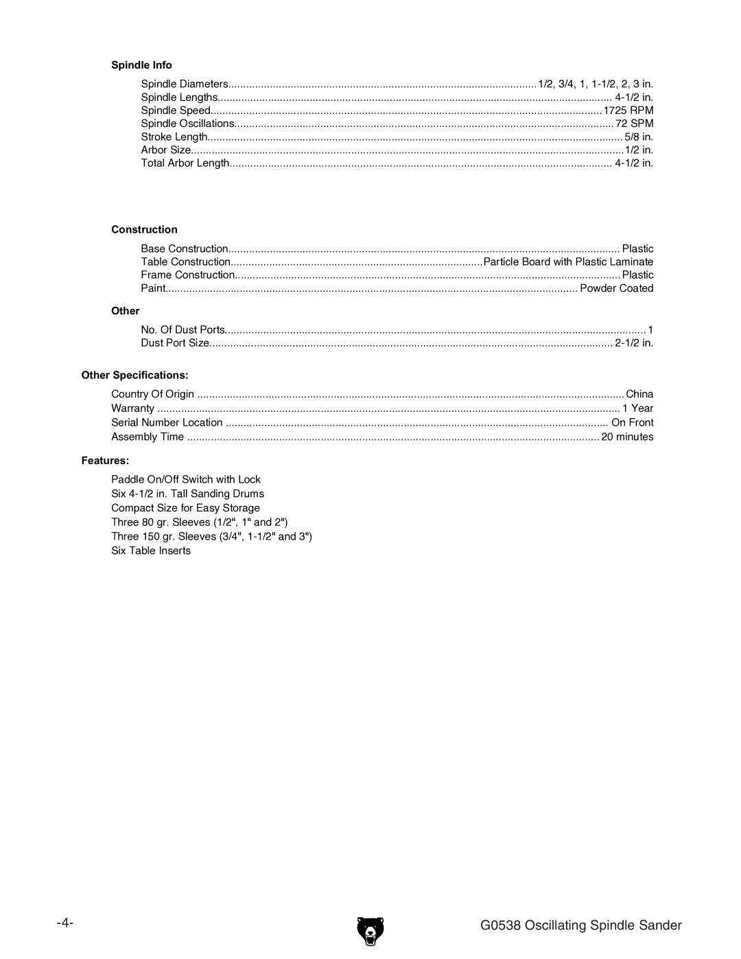 Grizzly G0538 owner manual Other 