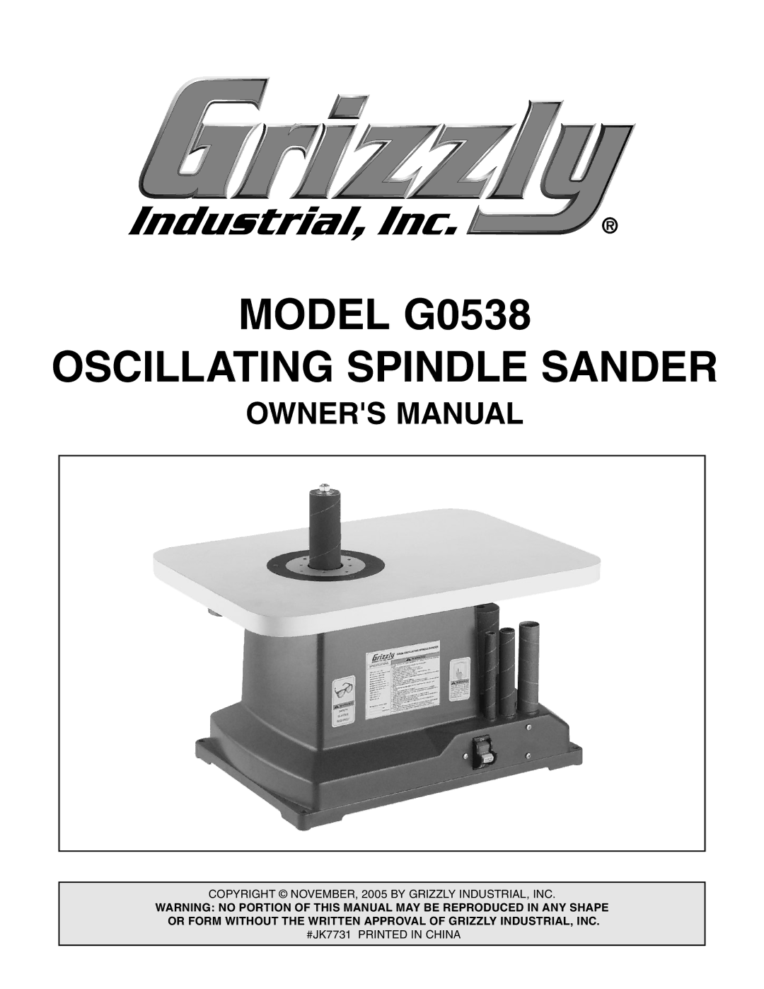 Grizzly owner manual Model G0538 Oscillating Spindle Sander 