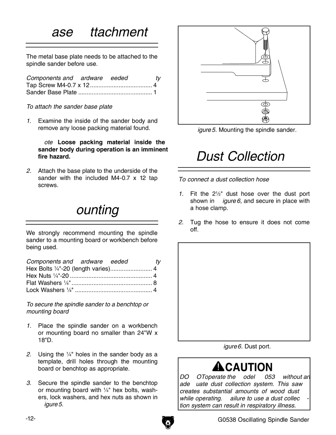 Grizzly G0538 owner manual Base Attachment, Mounting, Dust Collection 