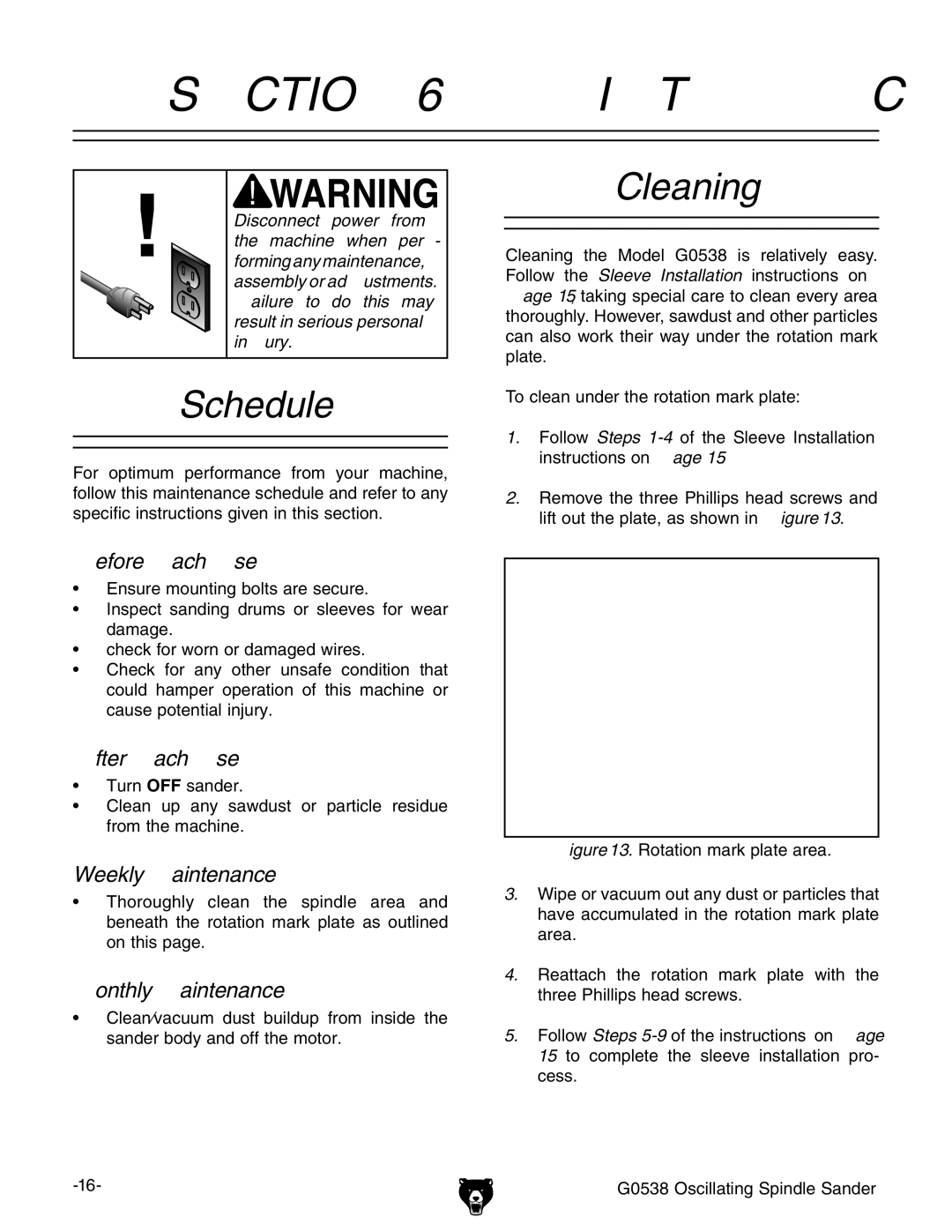 Grizzly G0538 owner manual Maintenance, Schedule, Cleaning 