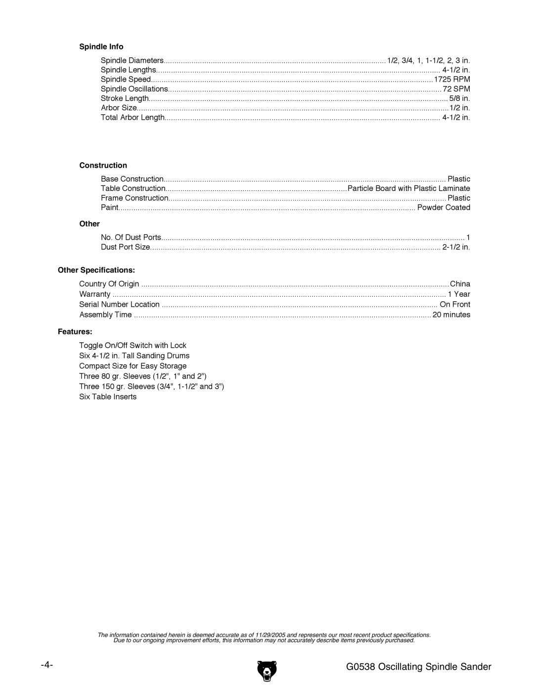 Grizzly G0538 owner manual Other 