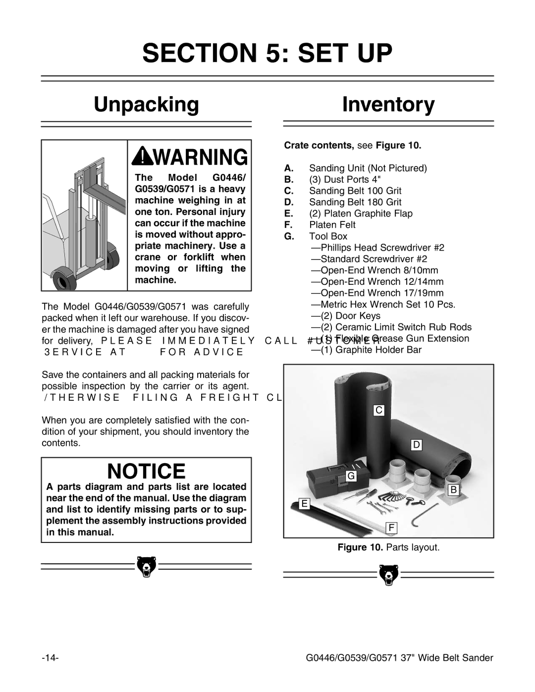 Grizzly G0539, G0446 manual #4/. 3%4, 5NPACKING, Nventory 